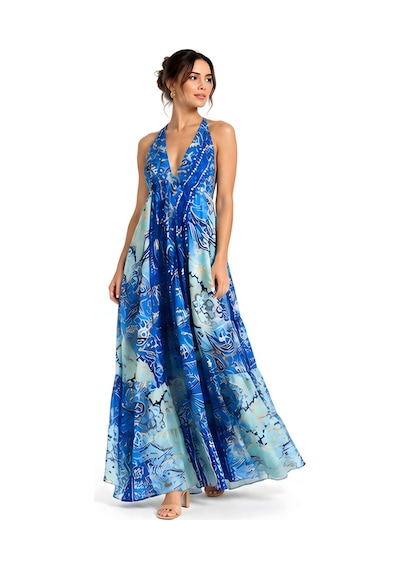 Lili Woman Kadın Mavi Ombreli Batik Desenli Halter Yaka Otantik Maxi Elbise Mo.melb01m