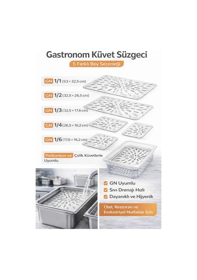 Gastronom Küvet Süzgeci 53 X 32 Cm Gn Uyumlu Delikli Süzgeç 5 Farklı Boy Profesyonel Mutfak Şeffaf