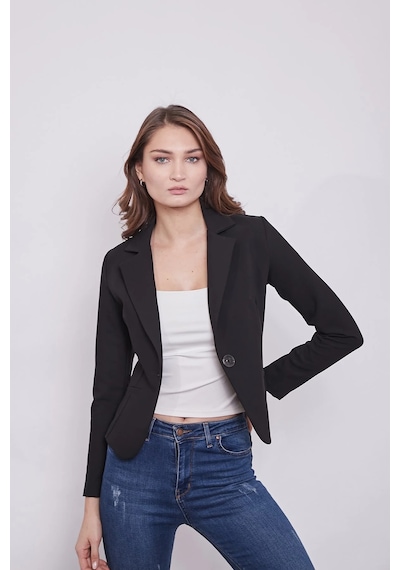 Yakalı Flato Cepli Uzun Kol Pamuklu Kumaş Kısa Blazer Ofis Ceket-siyah Siyah