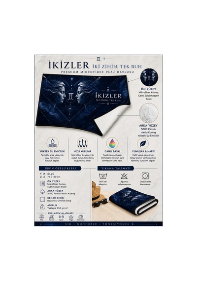 Plaj Havlusu Burç Koleksiyonu Premium Özel Tasarım Hızlı Kuruyan Mikrofiber Havlu Lacivert