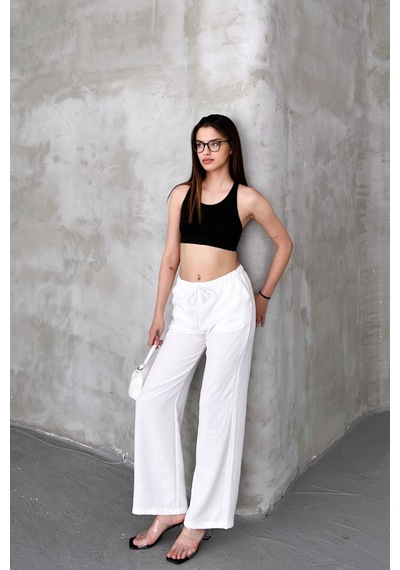 HLT Jeans Beyaz Kadın Bel Lastik Detaylı İnce Dökümlü Baggy Keten Pantolon Emily-3021 Beyaz