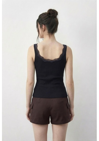 Shade Kadın Pamuklu Slim Fit U Yaka Dantelli Atlet 1053 60286022 - Siyah