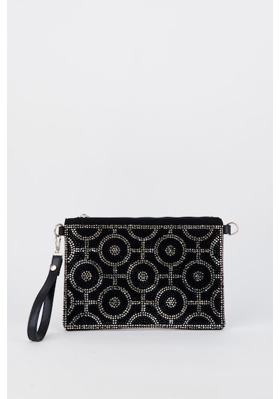 Vivaq Kadın Halka Altın Taşlı Süet Bilek Askılı Ve Zincir Askılı Portföy El Ve Clutch Çanta SİYAH