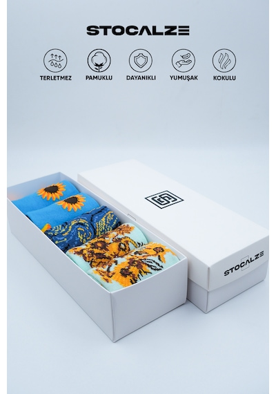Stocalze Unisex Pamuklu Soket Çorap. Karışık Renkli Vazo Çiçek Ve Gece Desenli Soket Çorap. Sanat Temalı 5'li Soket Çorap Seti Açık Mavi - Lacivert