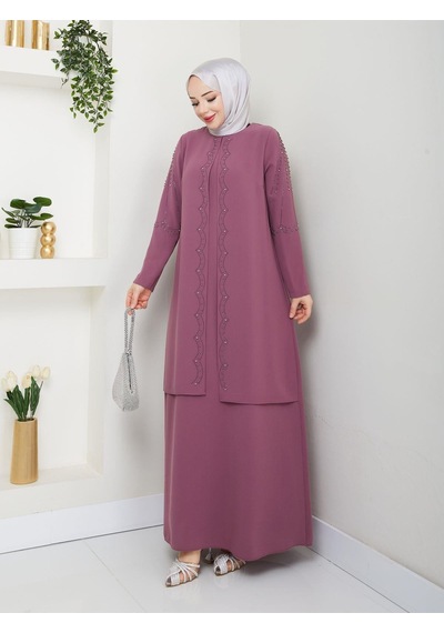 Eslemnur Yelpaze Taşlı Büyük Beden Anne Elbisesi Pembe