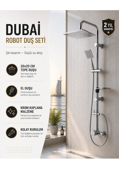 Lüx Premium Dubai Robot Duş Seti Modern Tasarım Yağmurlama Tepe Full Krom Duş Seti