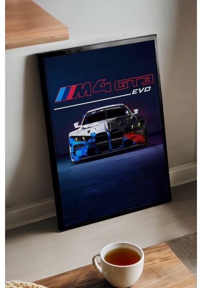 Bmw M4 Gt3 Evo Siyah Ahşap Çerçeveli Poster, Dekoratif Araba Duvar Tablosu