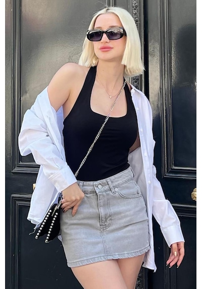 Madmext Siyah Halter Yaka Boyun Askılı Crop Body Mg2146-siyah Siyah