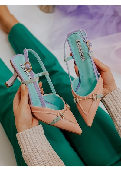 Ervanın Butiği Pembe Yeşil Deri Moss Toka Detay Kadın Stiletto-3536
