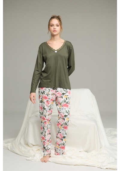 Siyah İnci Örme Pamuklu Pijama Takım25240204 Yeşil