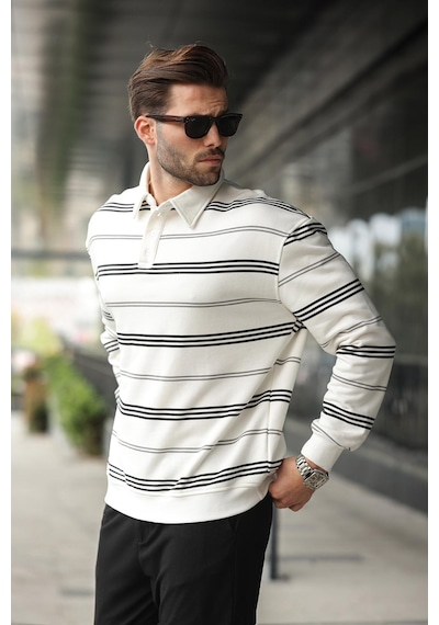 Madmext Ekru Çizgili Polo Yaka Erkek Sweatshirt E7172 Ekru