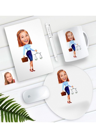 Kişiye Özel Bayan Avukat Karikatürlü Defter Kalem Kupa Mouse Pad Seti-3