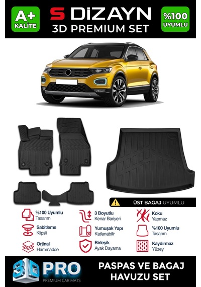 S-dizayn Vw T-roc 3d Pro Havuzlu Paspas Ve Üst Bagaj Havuzu Seti 2'li Set 2019-2021 A+ Kalite