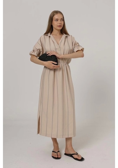 Defymoda Beli Lastikli Elbise - Taş Taş
