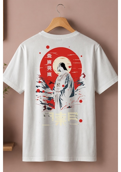 Spoyi Red Moon Warrior Tasarımlı %100 Pamuk Yarım Oversize Beyaz T-shirt