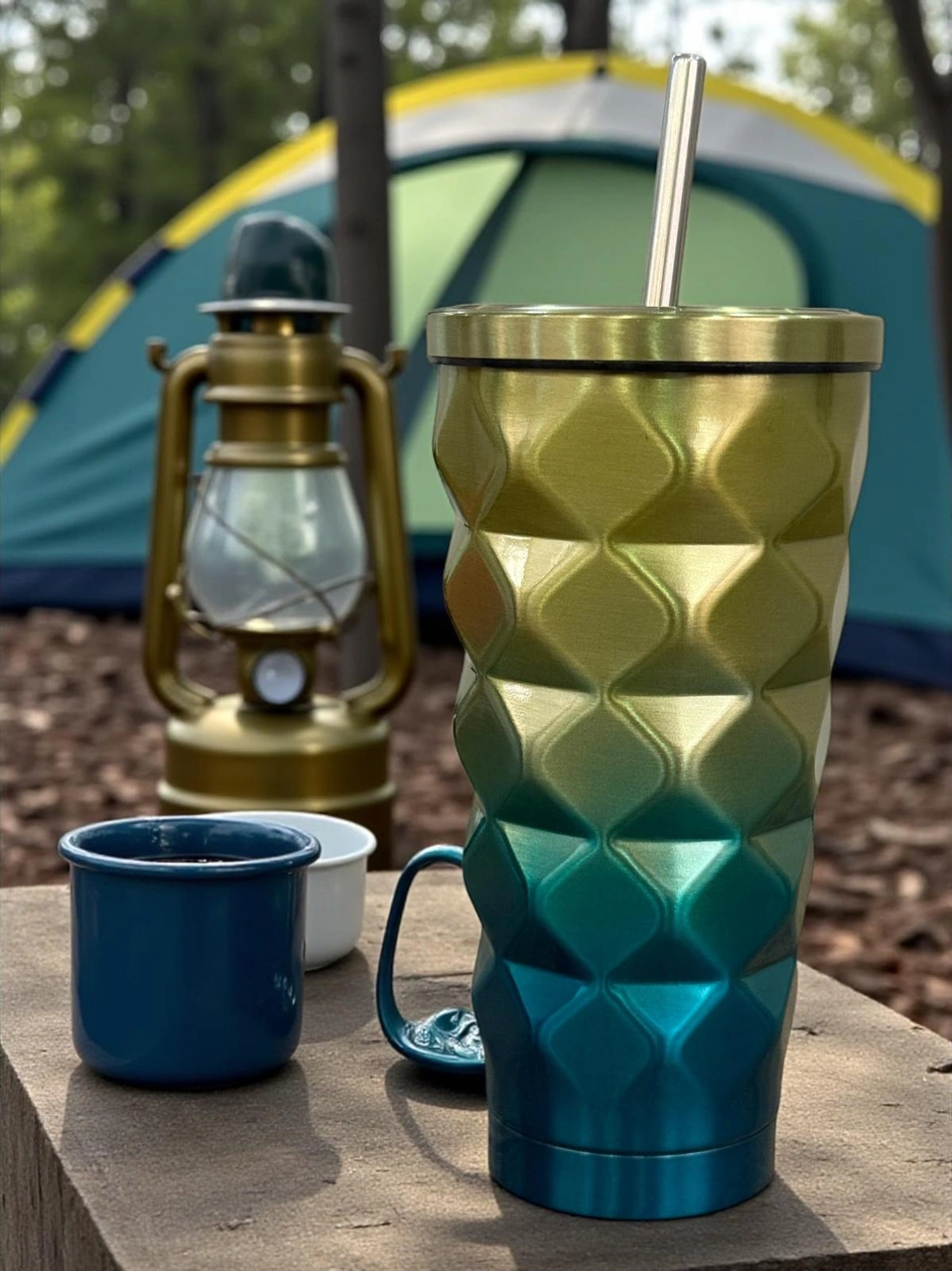 Mango Renkli Geometrik Pipetli Termos 500 Ml-soğuk Ve Sıcak İçecekler İçin Mavi - Sarı