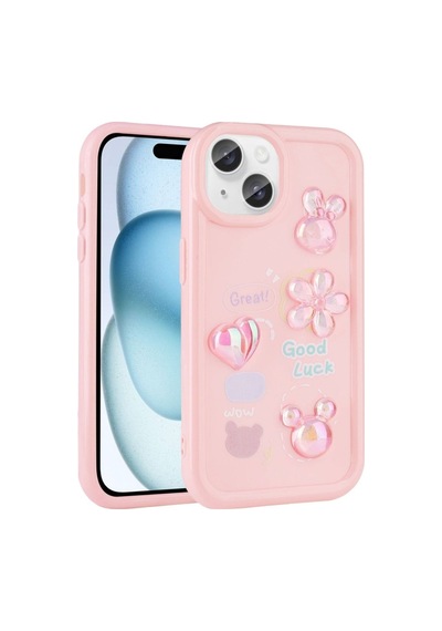 Apple Uyumlu iPhone 14 Plus Kılıf Kabartma Figürlü Parlak Zore Toys Silikon Kapak Pembe