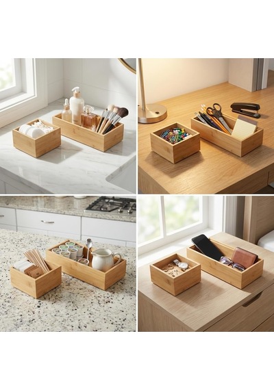 Deconox 2'li Çok Amaçlı Bambu Organizer Set - Büyük Ve Küçük Boy Banyo, Mutfak Ve Ofis Düzenleyici Kutu - Ahşa Diğer
