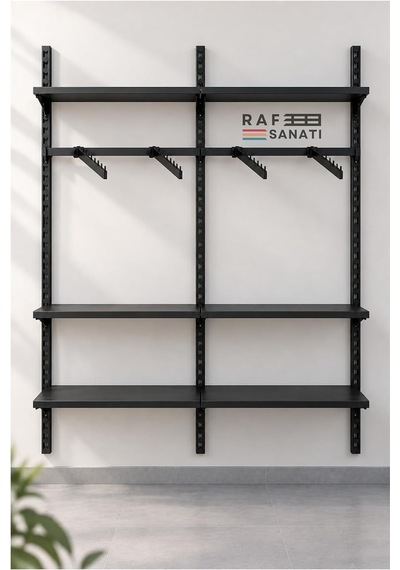 Tr 120 Cm Duvar Raf Askılık Sistemi 6 Raflı 2 Modül 200 Cm Konik Dikme Hazır Set Siyah Genel