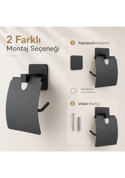 Kare Kapaklı Tuvalet Kağıtlığı Siyah, Yapışkanlı Ve Vidalı Montajlı Metal Wc Kağıtlık, Modern Banyo Tuvale Çok Renkli
