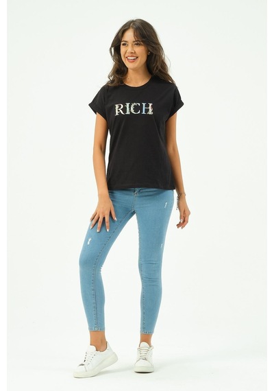 Siyah Kadın Rich Nakışlı Tişört Tshirt Çok Renkli