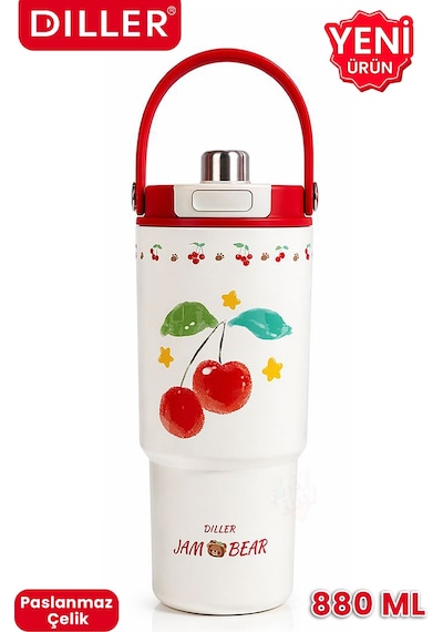 Dıller Tumbler 880 Ml Tek Kapak Çift Kullanım Pipetli/pipetsiz Taşıma Kulplu Çelik Termos-ffd9505-880ml Kırmızı