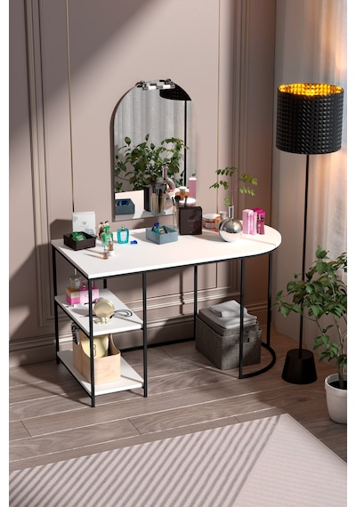 White Oval-shaped Work And Makeup Desk With Mirror And Shelves Beyaz