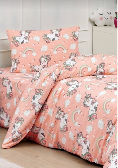 Lionas Unicorn Pamuklu Kız Çocuk Lastikli Çarşaflı Fitted Tek Kişilik Nevresim Takımı Pembe Unicorn