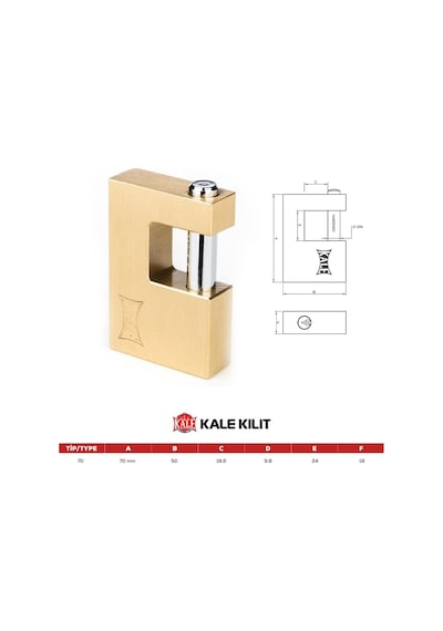 Kale Kayar Milli Pirinç Asma Kilit (Sarı) 70 mm  KD001/50-270