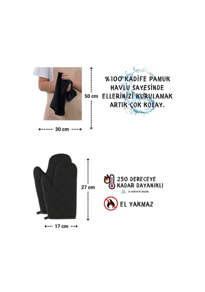 Star Ayar Askılı Havlulu 4lü Mutfak Önlüğü Seti 2 Eldiven Krem-siyah-siyah