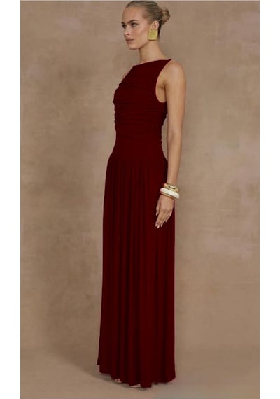 Madmext Bordo Önü Dökümlü Uzun Boy Kadın Elbise Mg2364 Bordo