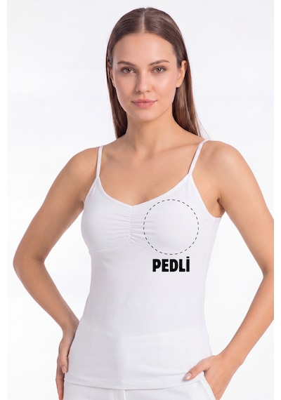 Arma Yıldız Kadın Büzgülü İp Askılı Pedli Atlet Çıkarılabilir Pedli Pamuklu Likralı Basic Beyaz