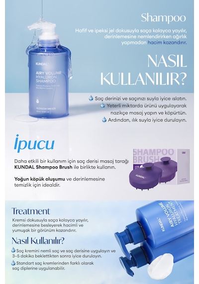 Arındıran, Nemlendiren, Hacim Veren Saç Bakım Seti Kundal Airy Volume Hyaluron Shampoo + Treatment