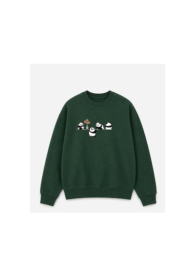 Herkesemoda Yavru Pandalar Baskılı 2 İplik Şardonlu Bisiklet Yaka Sweatshirt Yeşil