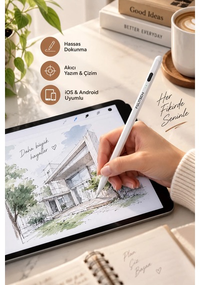 Exenar - Beyaz - Akıllı Attif Stylus Kalem Apple iPad Android Uyumlu Palm Rejection Hassas Dokunmatik Yazı Ve Çizim Kalemi 1