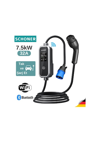 Schoner 7.5kw Taşınabilir Elektrikli Araç Şarj Istasyonu -tak Ve Şarj Et- Wi-fi/bluetooth Smart 5 Metre Tip2 Kabl Genel