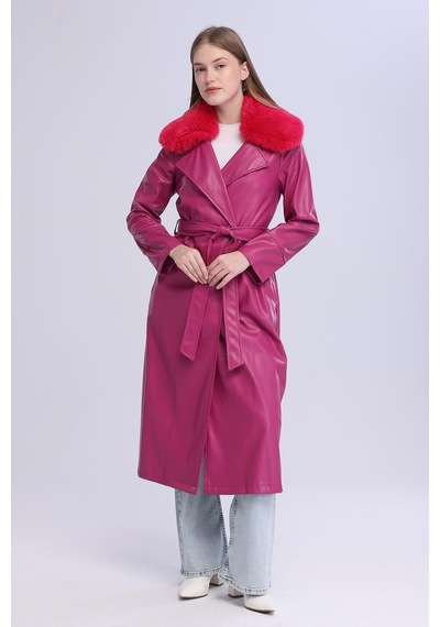 Selectmoda Kadın Peluş Yaka Deri Görünümlü Uzun Kaban Pembe