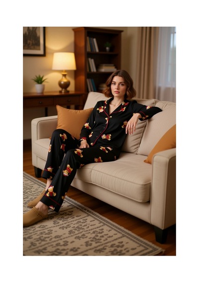 Ersefa Kadın Ayıcık Desenli Pijama Takımı Gömlek Yaka Uzun Fonksiyonel D Siyah