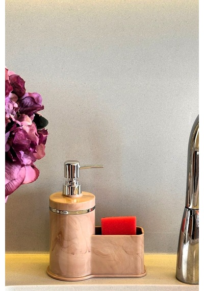Makri Home Mutfak Veya Banyo İçin Şık Gümüş Detaylı Süngerlikli Sıvı Sabunluk , Yerli Üretim Pembe