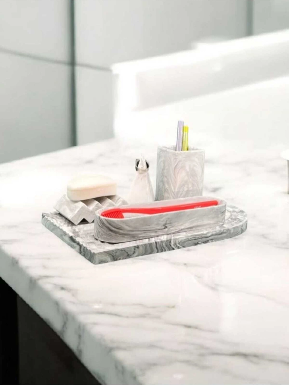 Marble Serisi Archade Kemer Tepsili Organizerli Beton Banyo Seti Gri