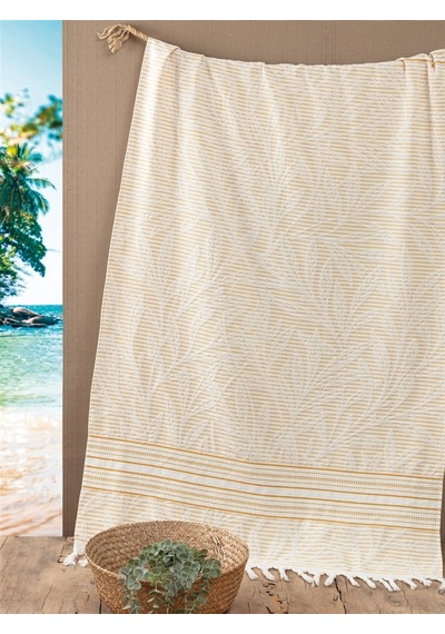 %100 Pamuk Jakarlı Peştemal - 90x170 Cm Büyük Boy Saçaklı Yazlık Banyo Havlusu - Hardal Hardal