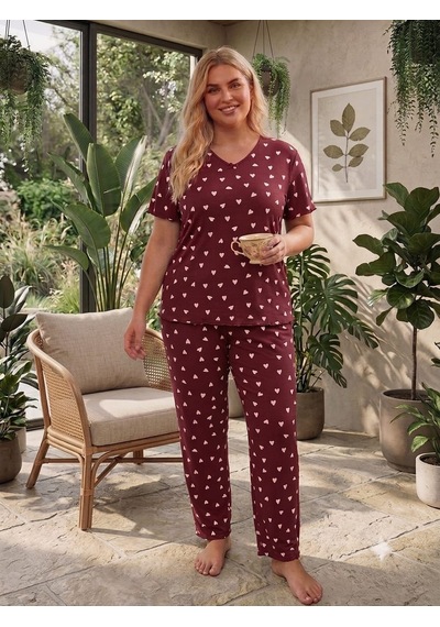 Büyük Beden Kısa Kol Pamuklu Ultrasoft Likralı Kapri Pijama Takımı 8624 Bordo