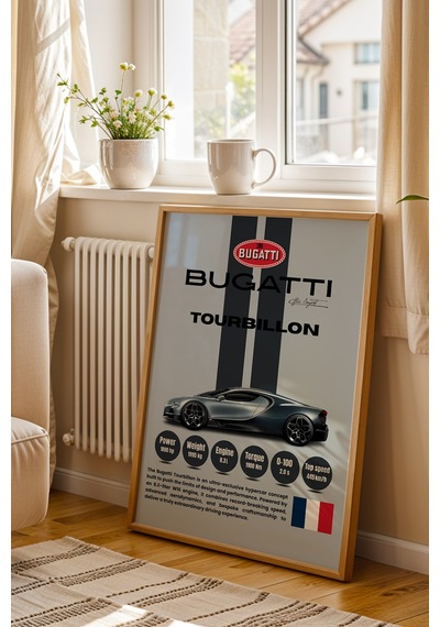 Bugatti Tourbillon Araba Tablosu - Teknik Özellikli Otomobil Poster - Çerçeveli Duvar Dekoru Kayın