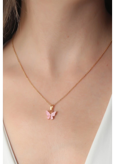 Gold Pembe Renk Kelebek Figür Kadın Kolye