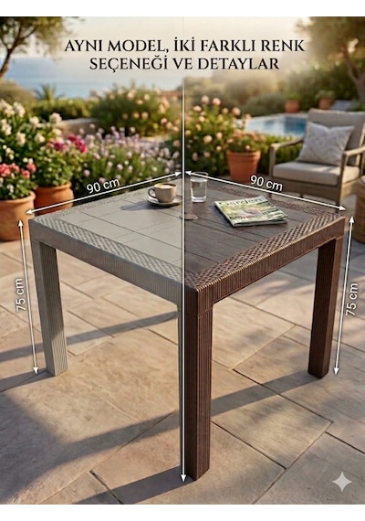 Evko Mobilya Rattan 90x90 Masa, Plastik Masa, Bahçe Balkon Teras Masası, Kare Masa, Dış Mekan Masası Cappuccino