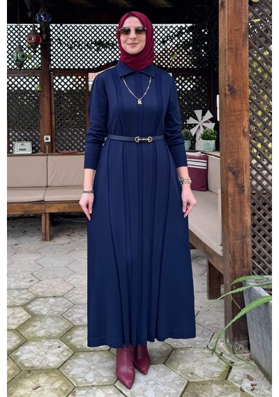 Rabia Şamlı Biricik Kemerli Triko Elbise Lacivert Normal