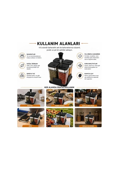 4'lü Standlı Cam Baharatlık Seti Ayarlanabilir Dökme Ağızlı, Paslanmaz Çelik Detaylı, Taşıma Standlı Mutfak Baharat Düzenleyici Çok Renkli