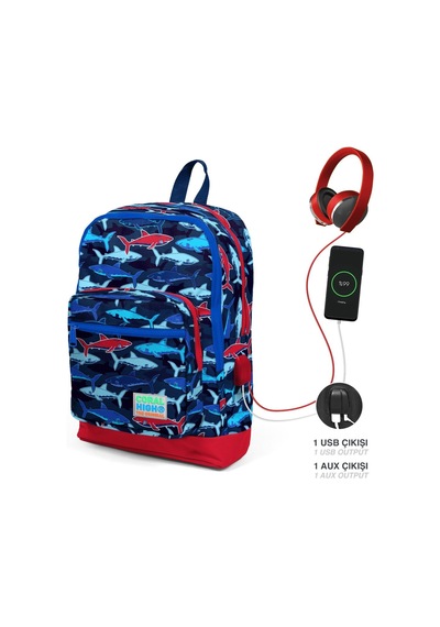 Coral High Okul Çantası Ve Termal Beslenme Çanta Seti - Erkek Çocuk Mavi Köpekbalığı Usb Ve Aux Çıkışlı Çok Renkli