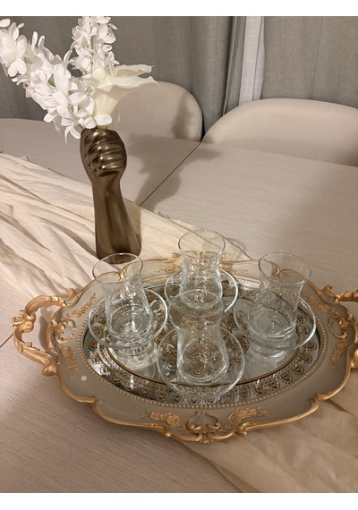 Oval Aynalı Kulplu Dekoratif Tepsi Vizon & Altın Varaklı 48x29 Cm