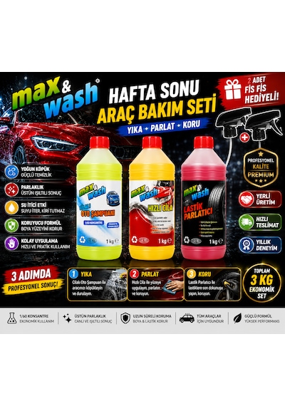 Max&wash Hafta Sonu Araç Bakım Seti 3'lü 1 Kg Cilalı Oto Şampuan + 1 Kg Hızlı Cila + 1 Kg Lastik Parlatıcı + 2 Adet Fısfıs Başlık Hediyeli